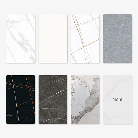 Eight rectangular marble effect sintered stone panels in various colors for pires oval dining table options