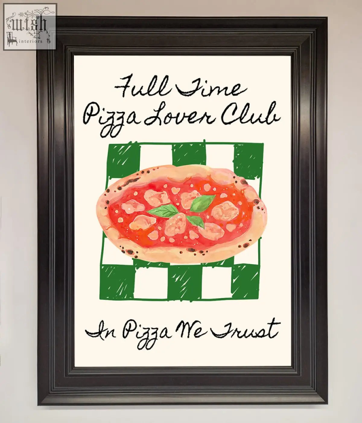 Framed wall art featuring a pizza lover club illustration with green and white checkered background and fun text design