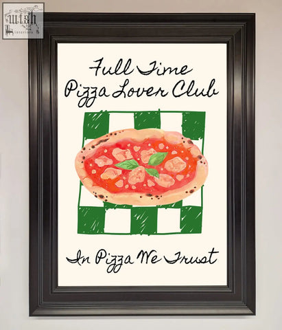 Framed wall art featuring a pizza lover club illustration with green and white checkered background and fun text design