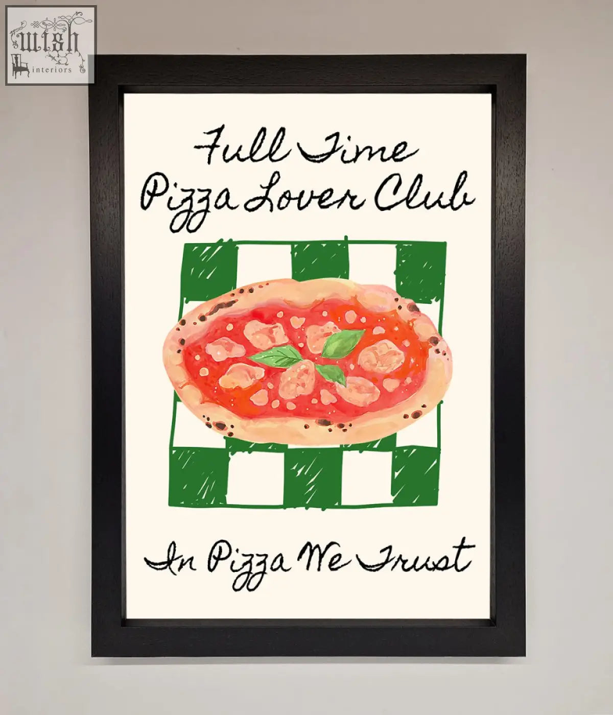 Black-framed wall art featuring a watercolor pizza with red sauce cheese and basil on green-and-white checkered background for pizza lover club framed decor