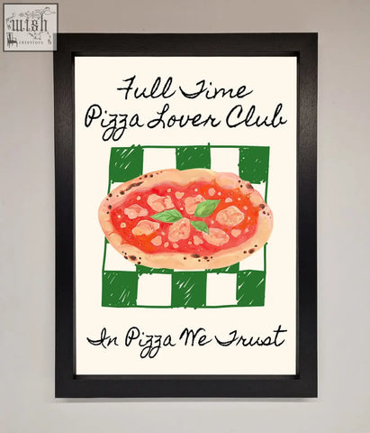 Black-framed wall art featuring a watercolor pizza with red sauce cheese and basil on green-and-white checkered background for pizza lover club framed decor
