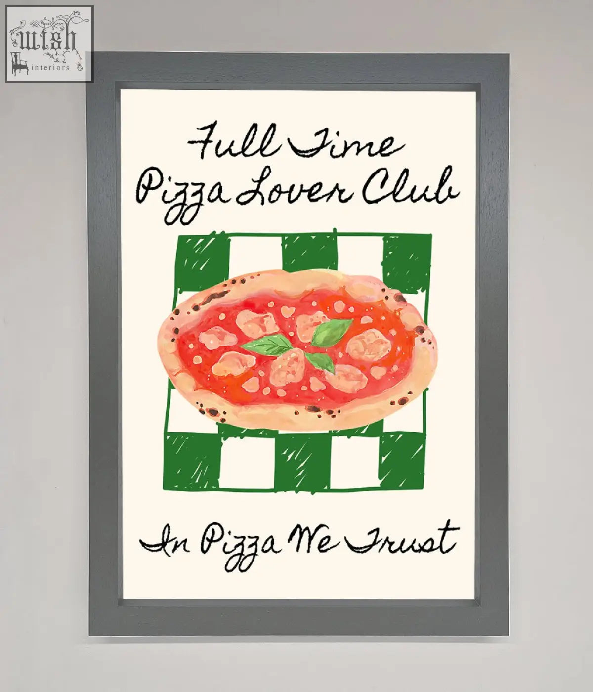 Framed wall art featuring a colorful pizza lover club design on green and white checkered background perfect for pizza lovers