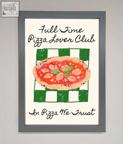 Framed wall art featuring a colorful pizza lover club design on green and white checkered background perfect for pizza lovers