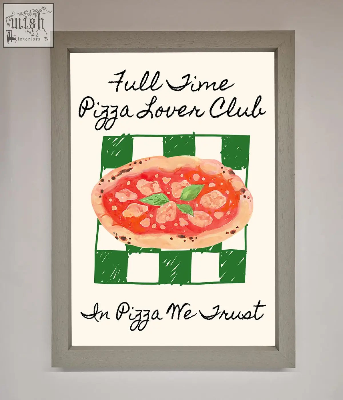 A pizza lover club framed wall art with watercolor pizza on green white checkered background for pizza fans