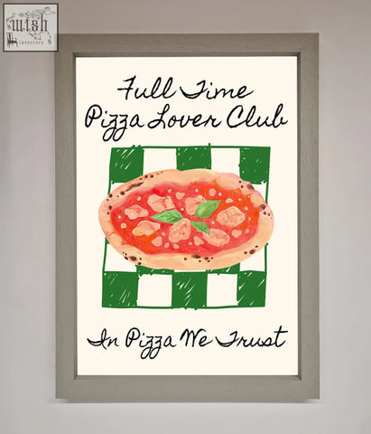 A pizza lover club framed wall art with watercolor pizza on green white checkered background for pizza fans