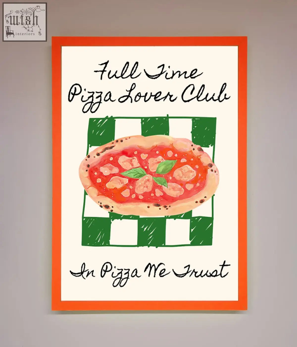 Orange-framed wall art with watercolor pizza illustration and pizza lover club text on green checkered background