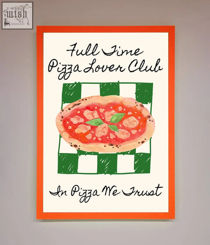 Orange-framed wall art with watercolor pizza illustration and pizza lover club text on green checkered background