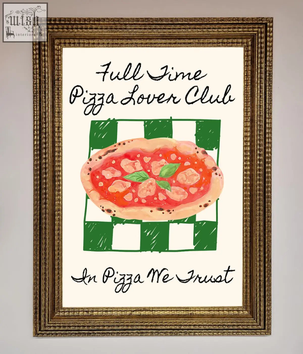 A framed pizza lover club wall art with colorful watercolor pizza on green and white checkered background