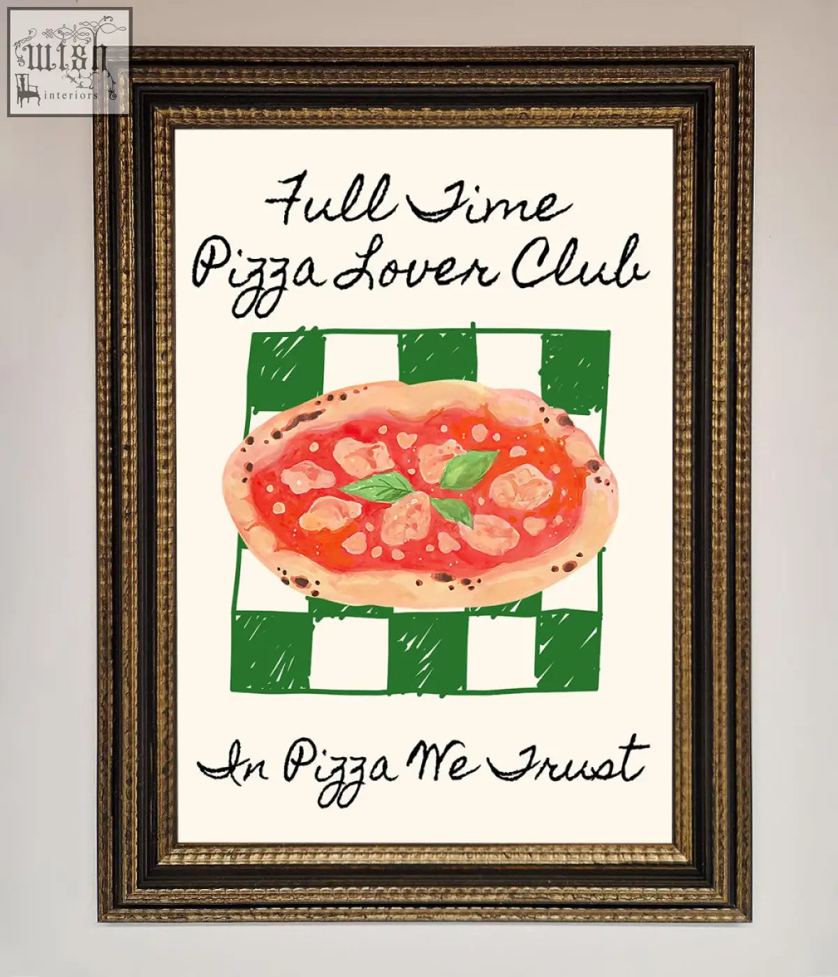Framed wall art featuring a pizza lover club design with green and white checkered background and fun slogans