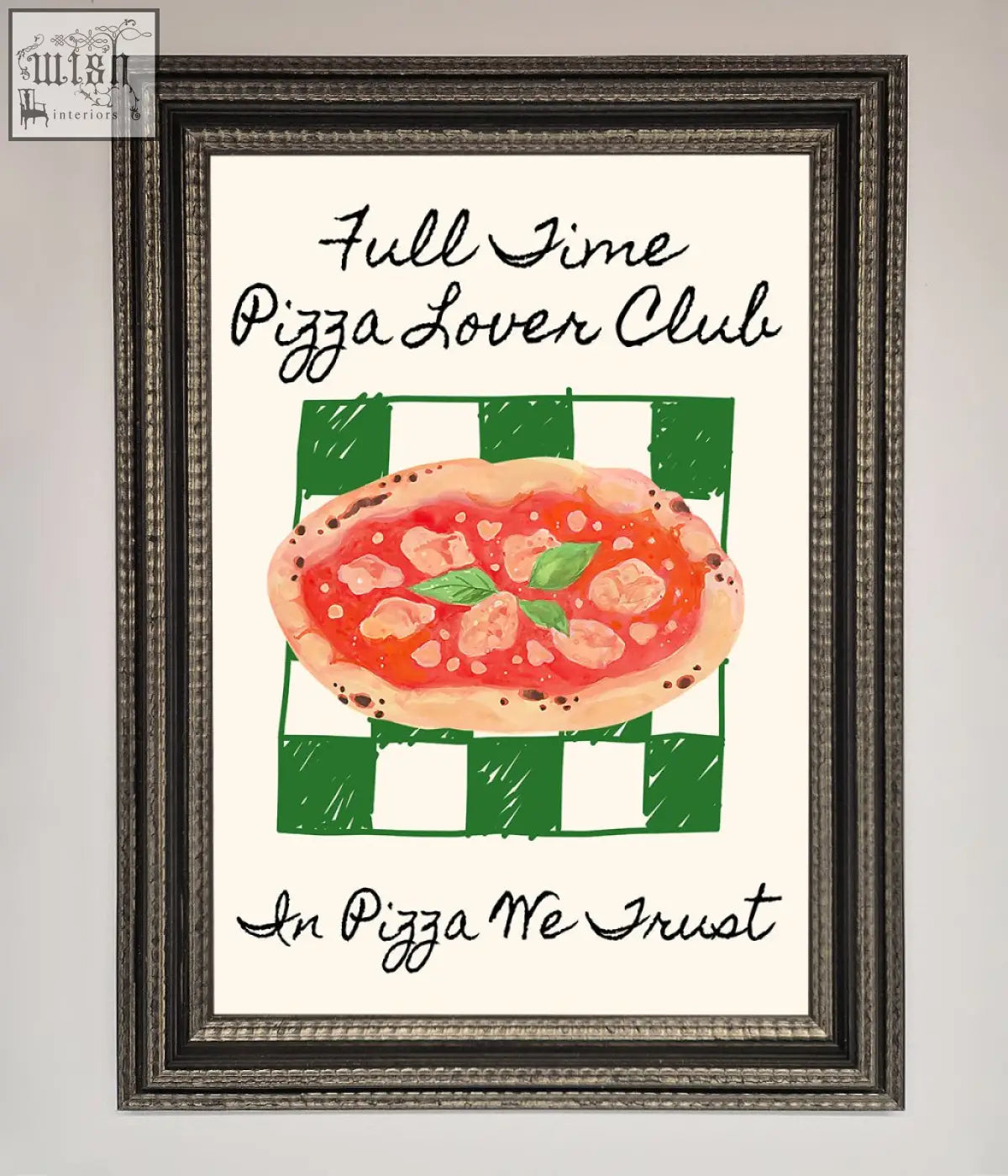 Framed wall art of pizza lover club featuring vibrant hand-drawn pizza with red sauce and green basil leaves on checkered background