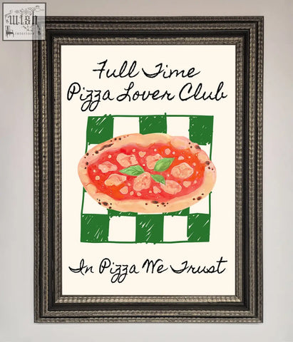 Framed wall art of pizza lover club featuring vibrant hand-drawn pizza with red sauce and green basil leaves on checkered background