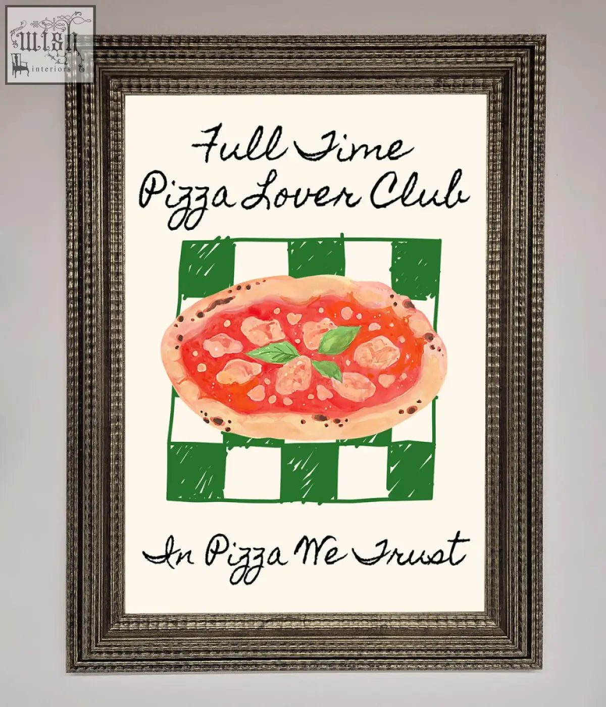 A pizza lover club framed wall art featuring a watercolor pizza on green and white checkered background with fun text