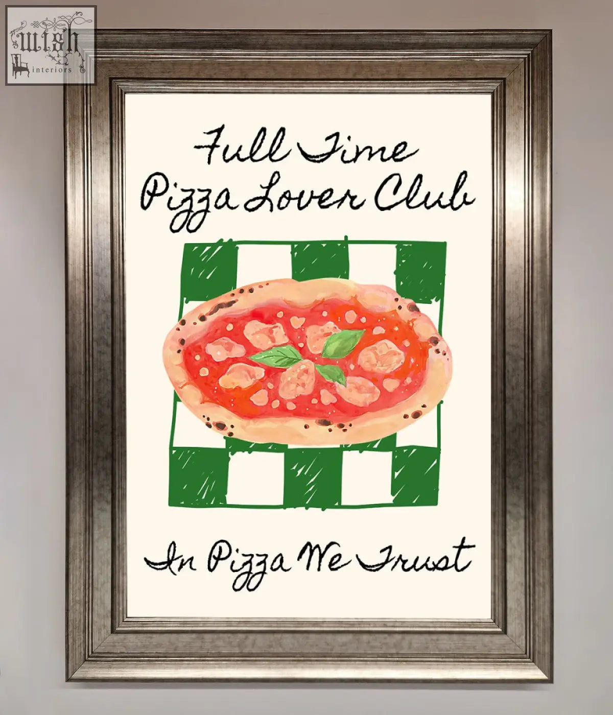 Framed watercolor wall art of pizza on green checkered background with pizza lover club text for pizza lover club framed use
