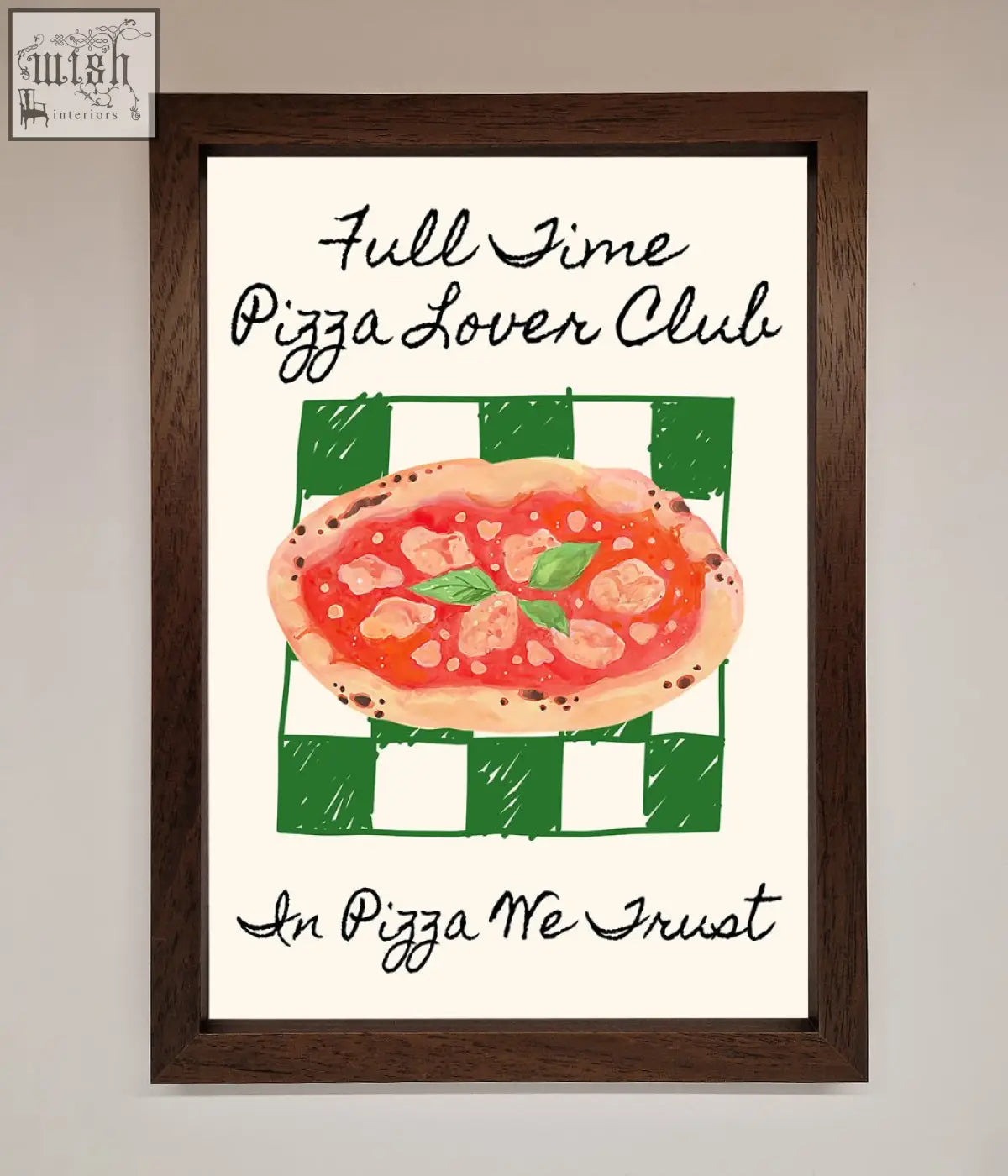 A framed pizza lover club wall art featuring red sauce green basil and cheese on oval crust with checkered background
