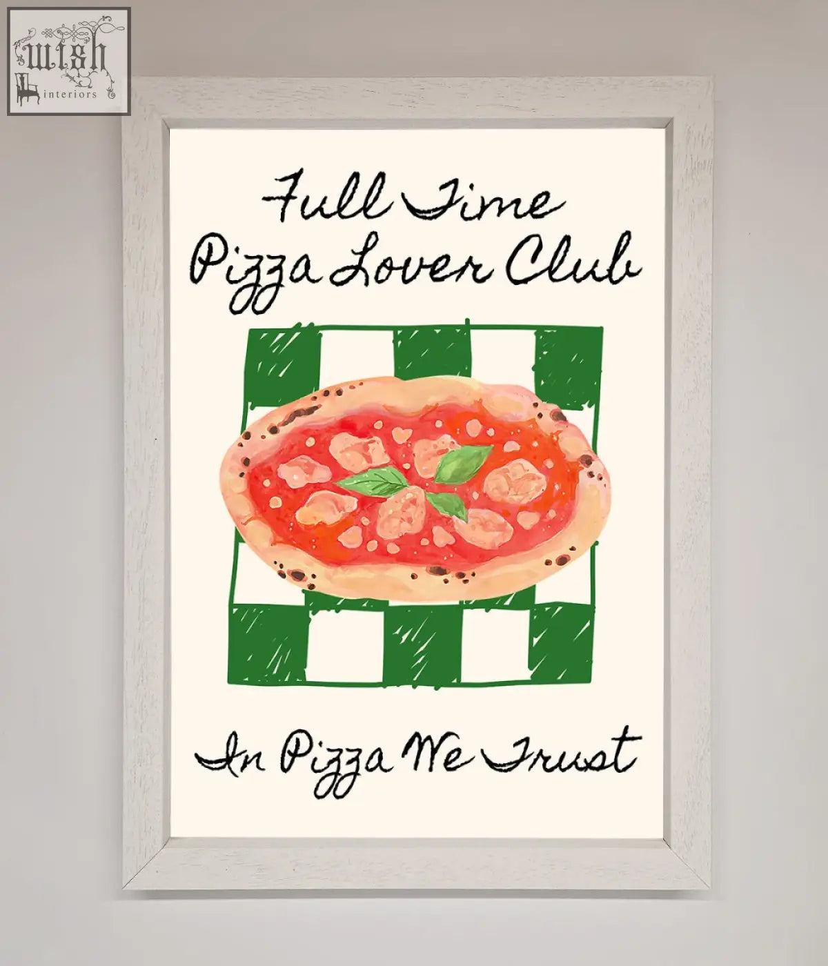 A framed pizza lover club wall art featuring a cheesy oval pizza with basil on a green checkered background