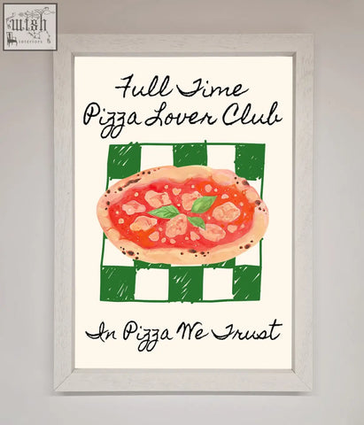 A framed pizza lover club wall art featuring a cheesy oval pizza with basil on a green checkered background