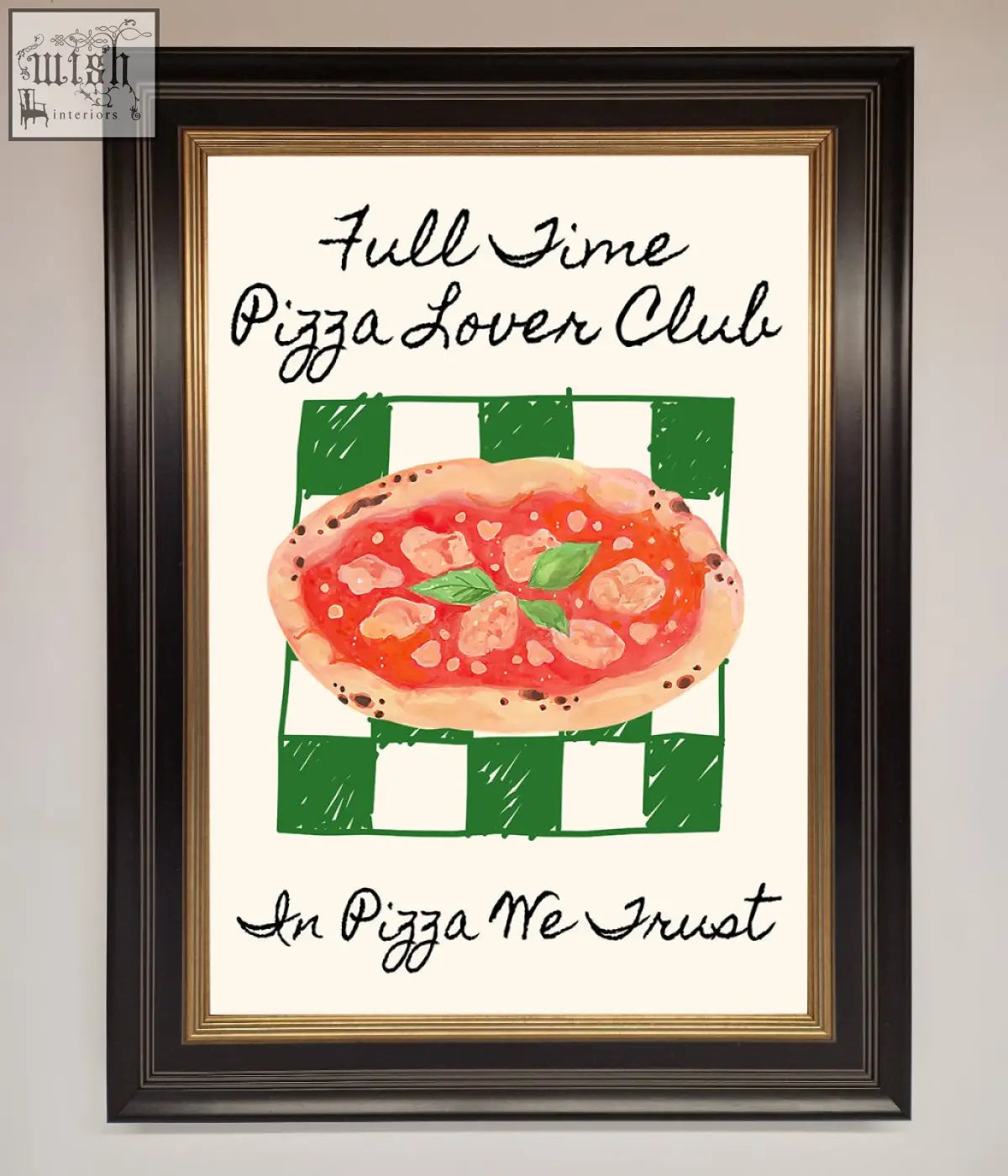 Pizza lover club framed wall art featuring watercolor pizza on green and white checkered background with fun text