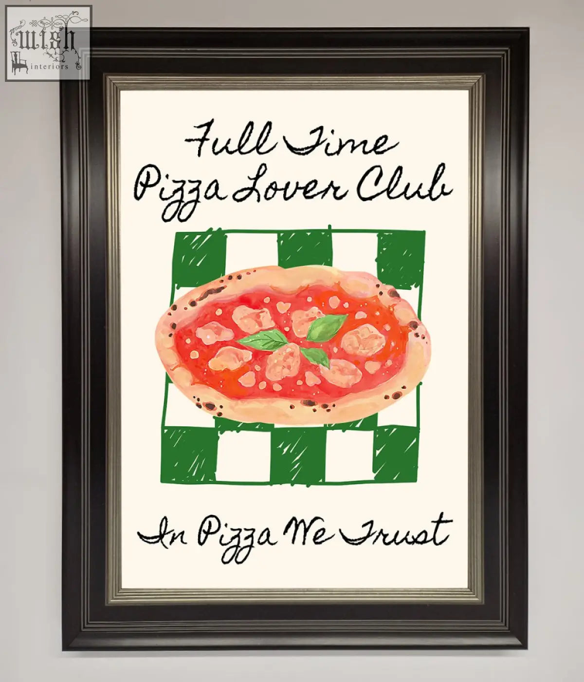 Framed wall art featuring a pizza lover club design with a green white checkered background for pizza lovers