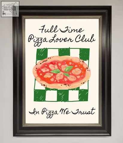 Framed wall art featuring a pizza lover club design with a green white checkered background for pizza lovers