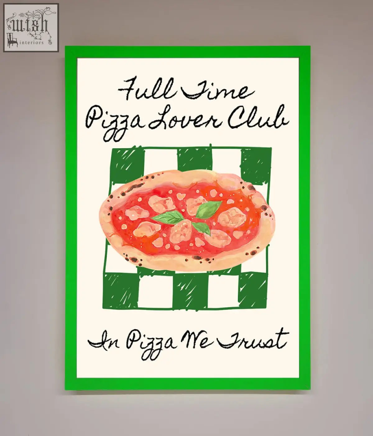 Green-framed pizza lover club wall art featuring watercolor pizza on green and white checkered background