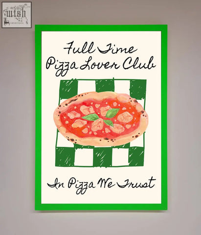 Green-framed pizza lover club wall art featuring watercolor pizza on green and white checkered background
