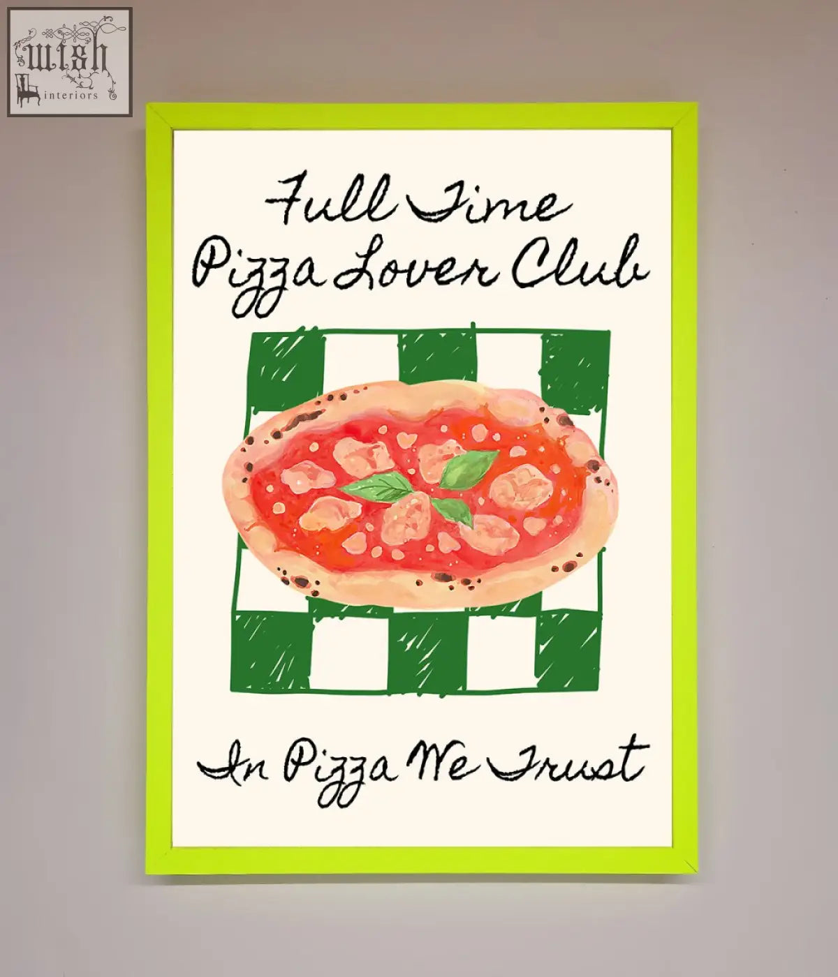 Lime green framed wall art featuring pizza lover club design with watercolor pizza and checkered background for lover club framed decor