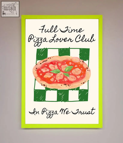 Lime green framed wall art featuring pizza lover club design with watercolor pizza and checkered background for lover club framed decor