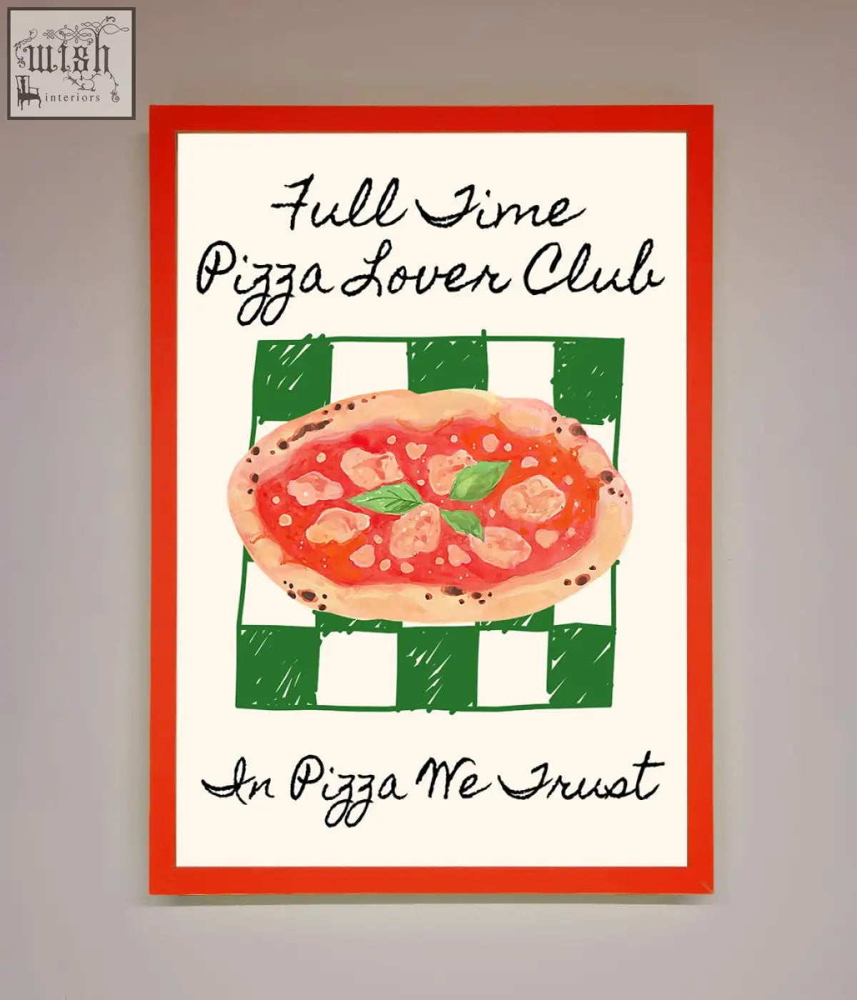 Framed wall art with red border featuring pizza lover club design on green checkered background for pizza lover club framed decor