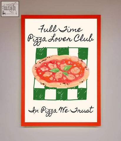Framed wall art with red border featuring pizza lover club design on green checkered background for pizza lover club framed decor