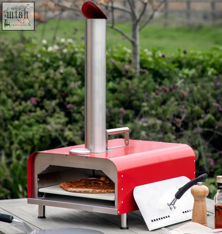 Red stainless steel outdoor pizza oven with tall chimney designed for tabletop use
