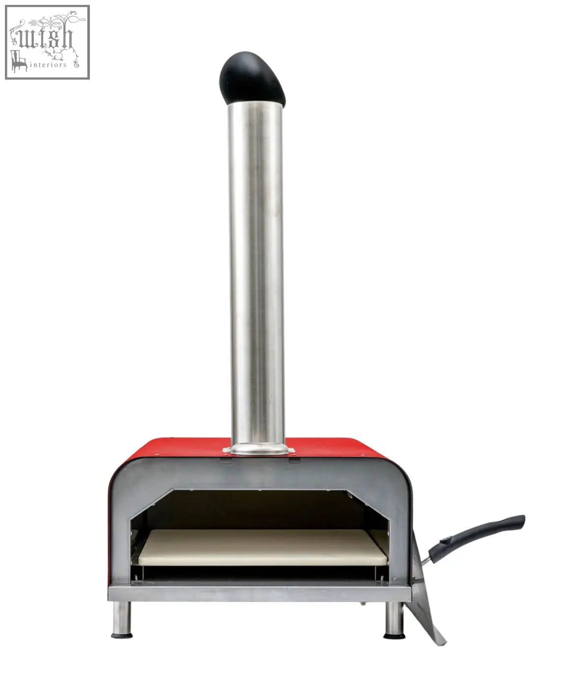 Red stainless steel pizza oven with tall black chimney cap perfect as a portable table top pizza oven