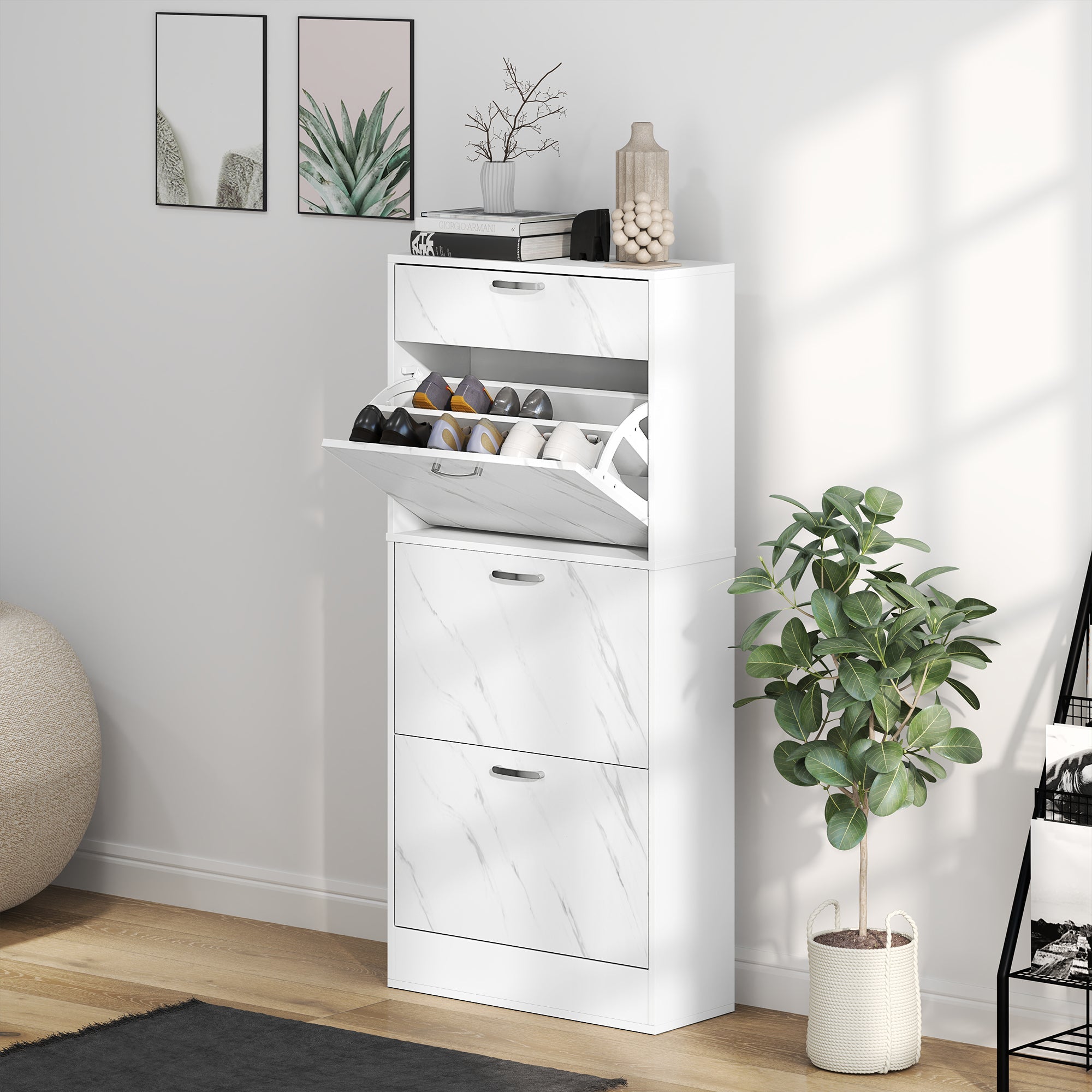 HOMCOM Marble Shoe Storage Cabinet with 3 Flip Drawers, Hallway Cabinet with Top Drawer and Adjustable Shelves, Shoe Cupboard for 18 Pairs, White