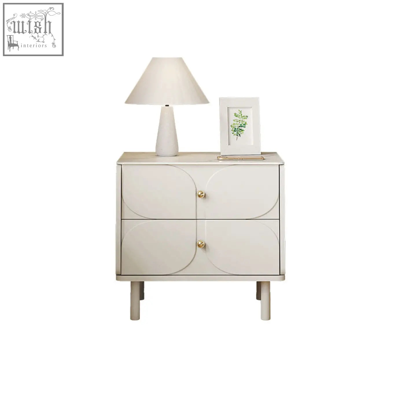 Cream-colored placebo bedside table with two drawers curved panel designs and gold-toned knobs bedside table