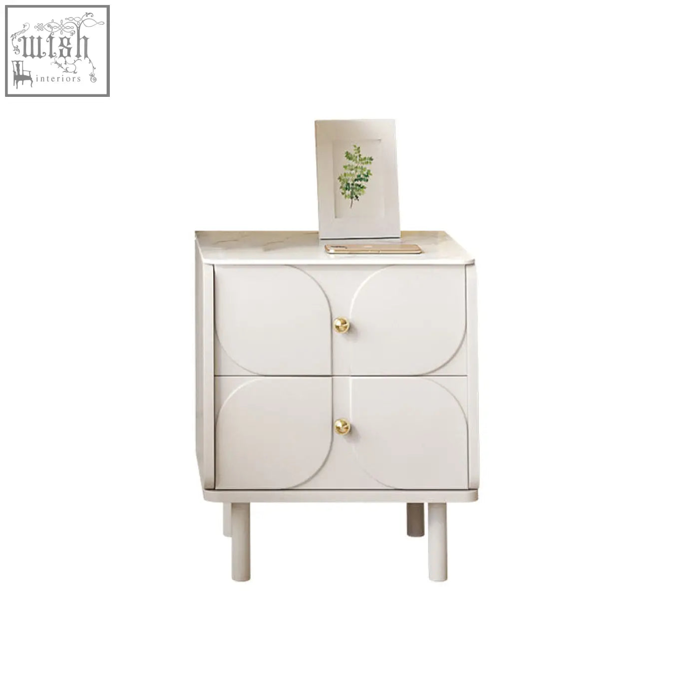 White placebo bedside table with two curved panel drawers and gold round knobs for stylish bedroom storage
