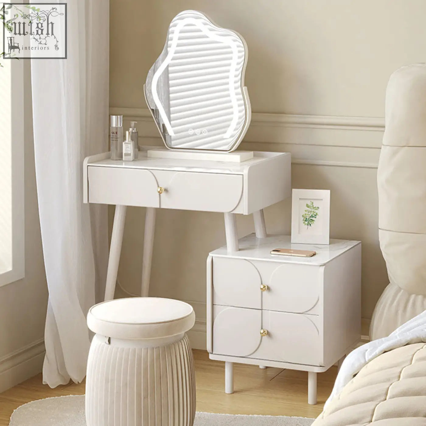 White placebo bedside table with sleek illuminated mirror and gold-toned hardware for stylish bedside use