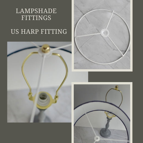 Gold-toned us harp lamp fitting with brass socket and curved arms for securing plain orange lampshade on table lamp