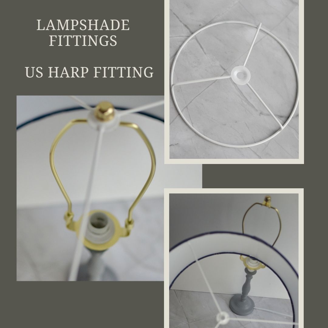 Gold-toned us harp lamp fitting with a brass socket and curved arms for securing plain yellow table lamp lampshade