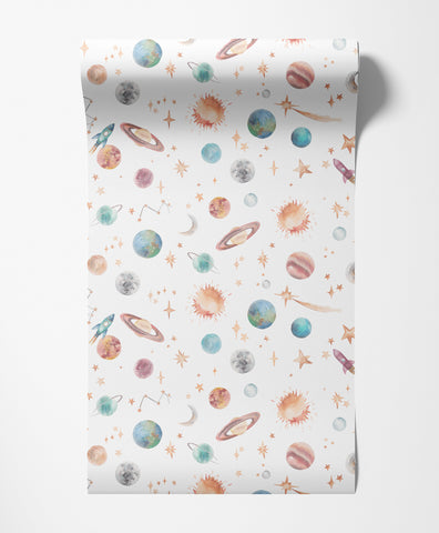 Watercolour Planet Wallpaper | Solar System, Stars & Rockets | Kids Bedroom