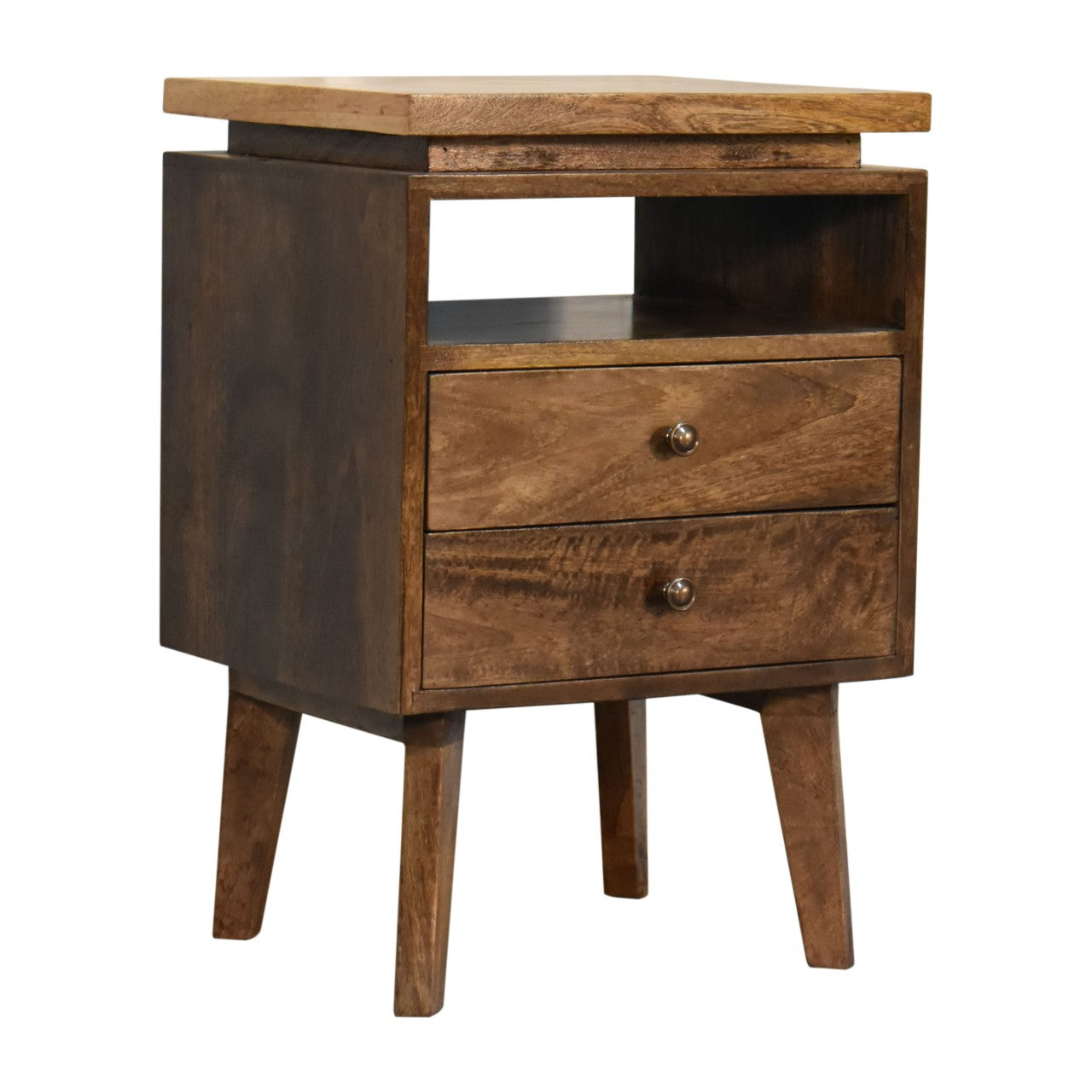 Mid-century modern platform bedside table with two drawers and top shelf in dark brown stained wood grain finish