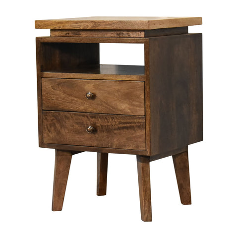 Mid-century modern wooden platform bedside table with two drawers, top shelf, and tapered legs for bedroom storage