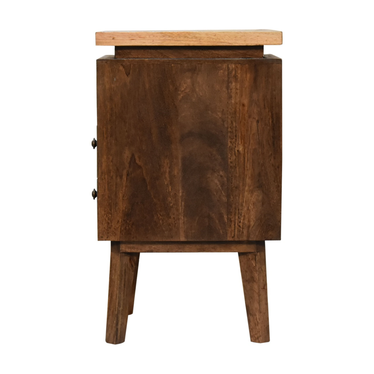 Rustic dark wood platform bedside table with lighter wooden top and two drawers with black metal handles