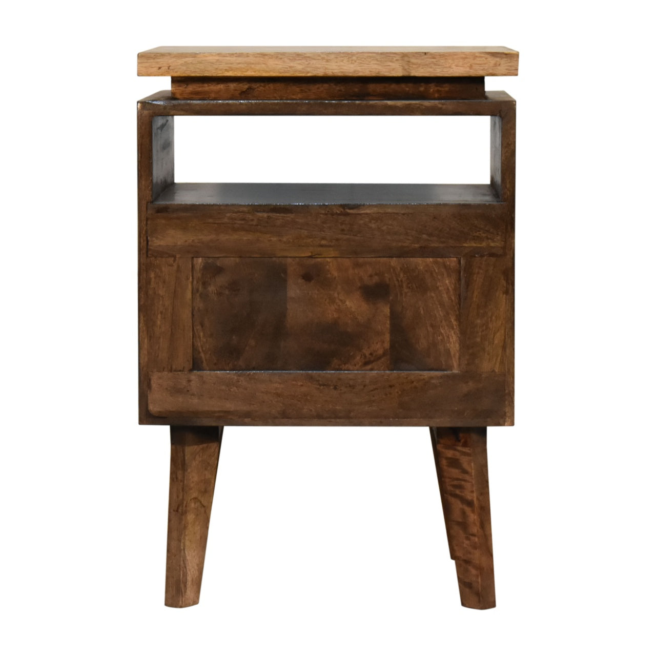 Rustic wooden platform bedside table with lighter top dark brown sides open shelf and single drawer for bedroom use