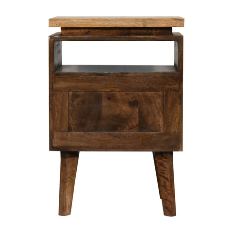Rustic wooden platform bedside table with lighter top dark brown sides open shelf and single drawer for bedroom use
