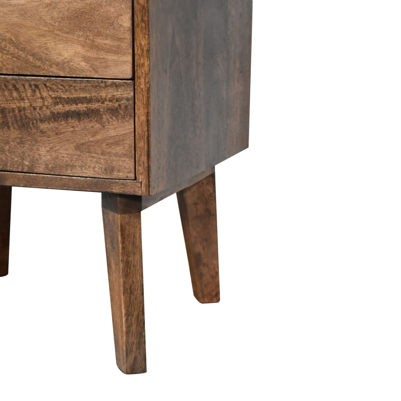 Rustic wooden platform bedside table with two drawers warm brown finish and tapered legs for bedroom use