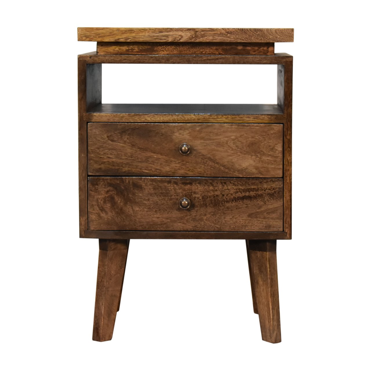 A rustic wooden platform bedside table with two drawers, a top shelf, and tapered legs for bedroom storage