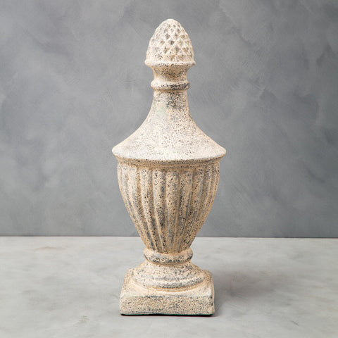 Plato light stone effect urn with weathered off-white stone effect and diamond-patterned pinecone finial top