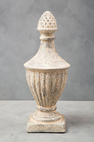 Weathered off-white plato light stone effect urn with textured fluted body and diamond pinecone finial stone effect urn