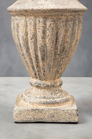 Weathered beige plato light stone effect urn with vertical fluting and square base stone effect urn