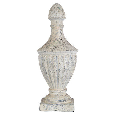 White distressed plato light stone effect urn with fluted body and pinecone topped finial stone effect urn