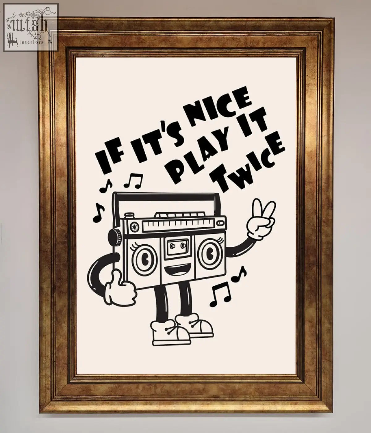 Play twice framed wall art featuring black and white cartoon boombox with peace sign and musical notes in framed wall art style